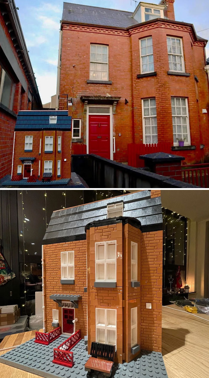 LEGO model of a brick house with a red door, placed next to the actual house for comparison. Cool-LEGO-Builds.