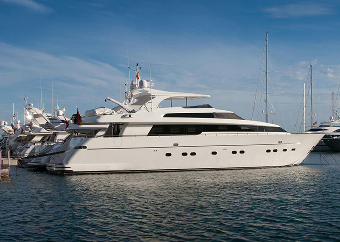 Large luxury yacht docked at a marina with a clear sky, reflecting themes of horror movie-worthy family secrets.