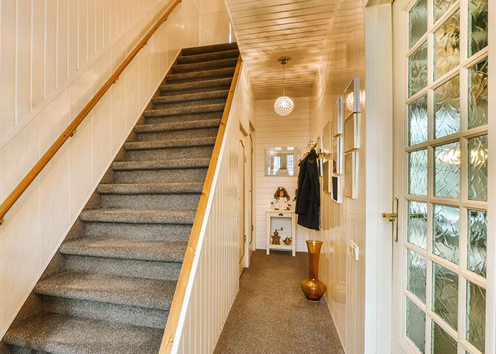 Hallway and carpeted stairs in a home setting, evoking a feeling of family secrets and hidden stories.