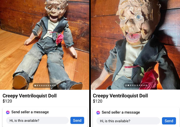 Creepy ventriloquist doll for sale online, featuring worn clothes and a torn face, priced at $120.