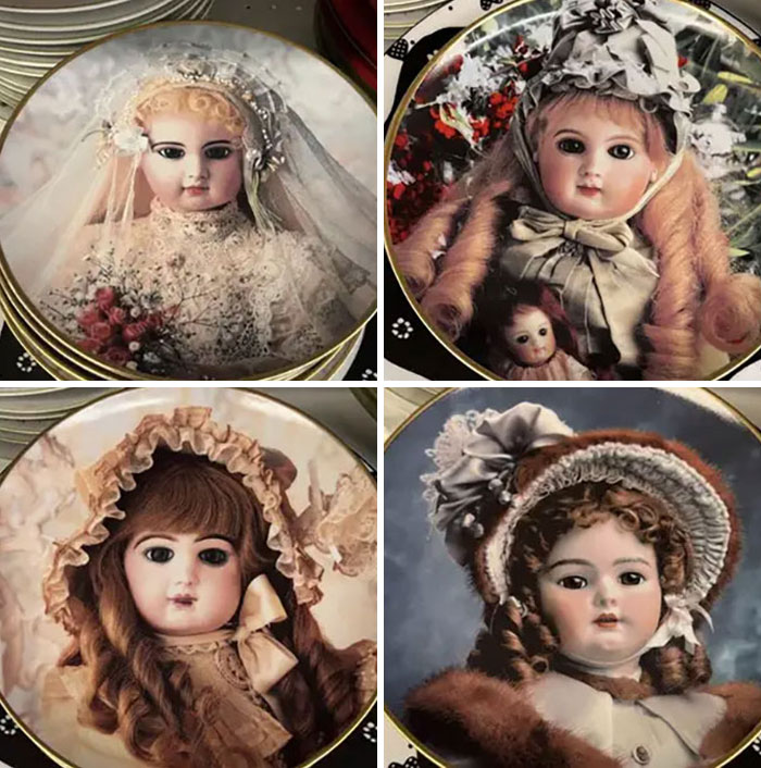 Vintage porcelain doll plates with haunting expressions, perfect for creepy things to sell online.