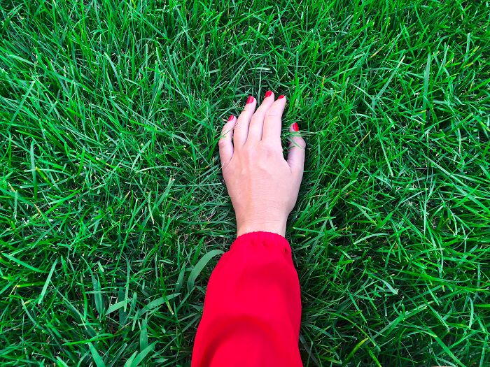 Hand with red nails and sleeve resting on green grass, symbolizing space-saving solutions.