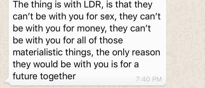 Text message about long-distance relationships highlighting love beyond materialistic reasons.