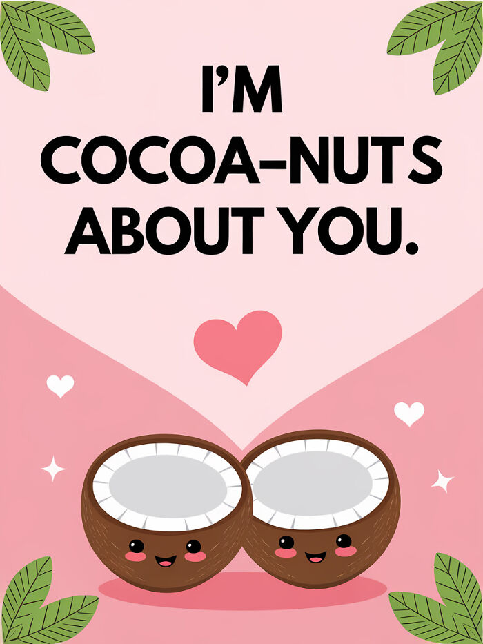 Coconut-themed food pun card with smiling coconuts and hearts on a pink background.