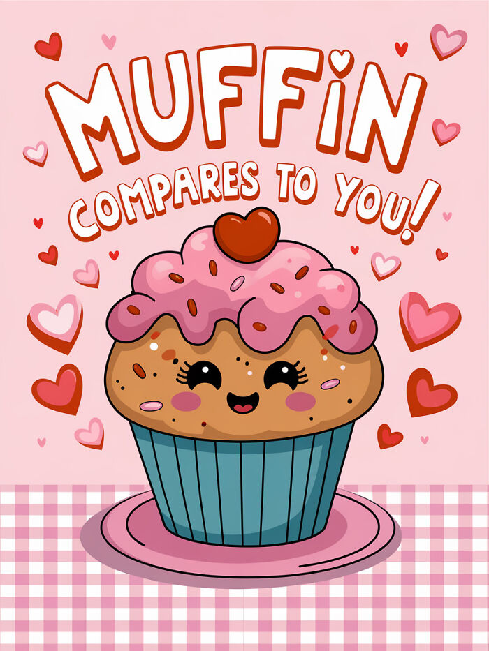 Cute food pun card with a smiling muffin and the phrase "Muffin compares to you" surrounded by hearts.
