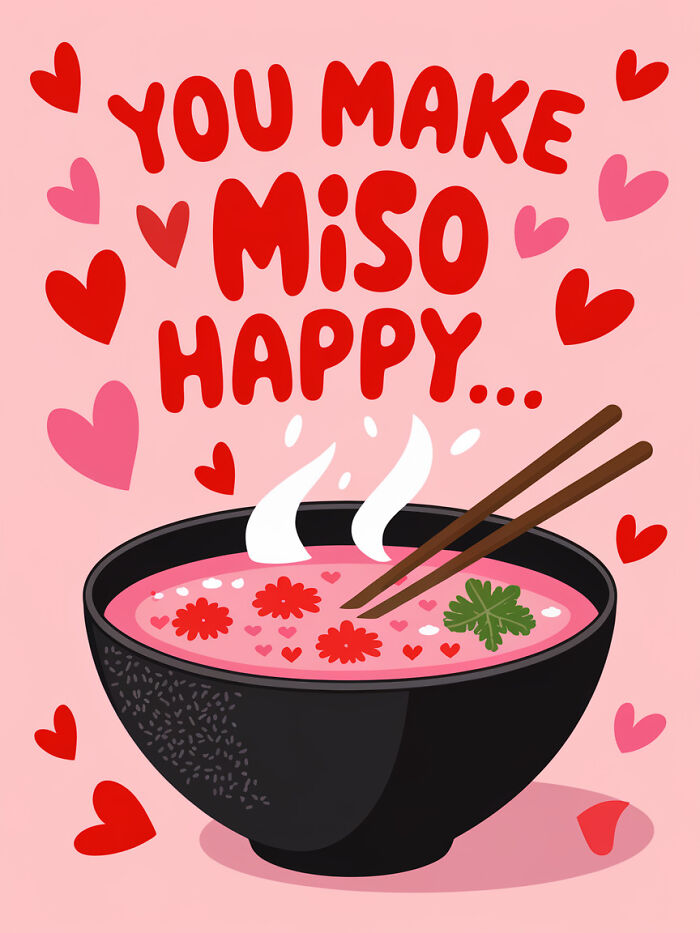 A food pun card with "You Make Miso Happy" text, featuring a bowl of miso soup and hearts.