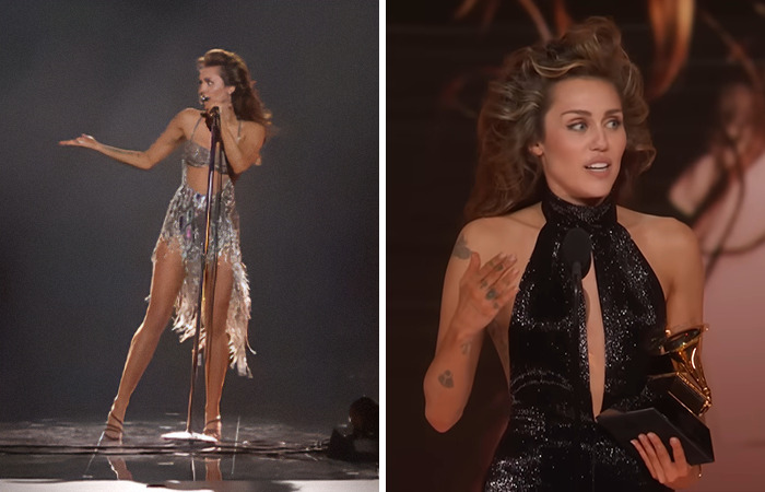Miley Cyrus performing on stage and holding an award, showcasing an awkward moment from 2024 awards shows.