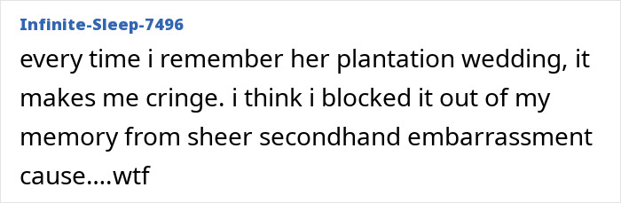 A Reddit comment discusses a plantation wedding with embarrassment.