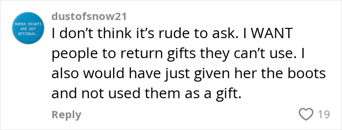 Comment on gifting second-hand boots, discussing returning gifts and their appropriateness. Comment on gifting second-hand boots, discussing returning gifts and their appropriateness.