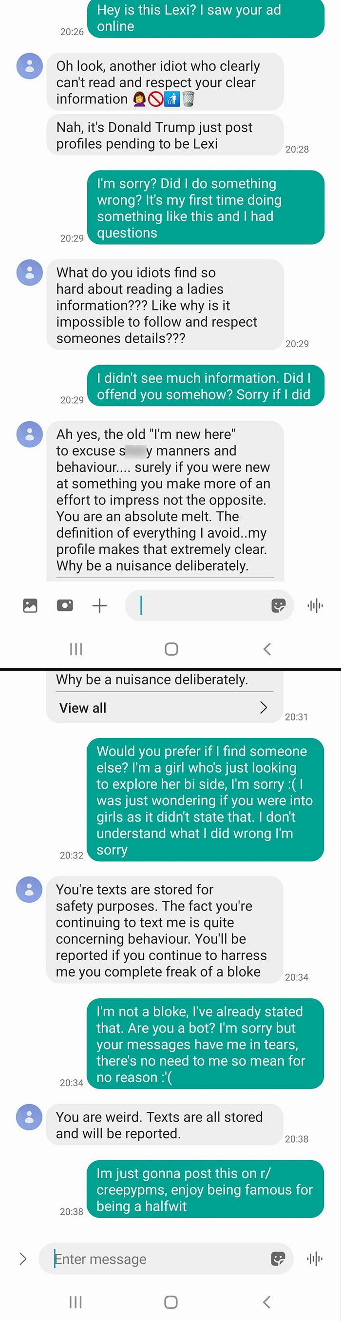 Chaotic dating app messages exchange discussing profile information misunderstandings.