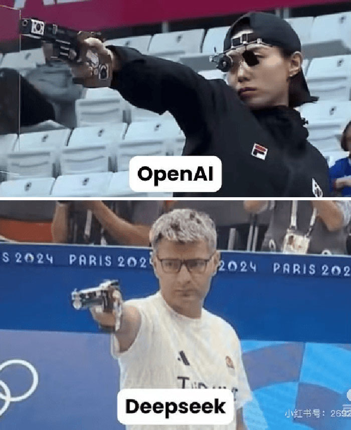 "DeepSeek and OpenAI face off in a humorous shooting competition, symbolizing AI chatbot rivalry."