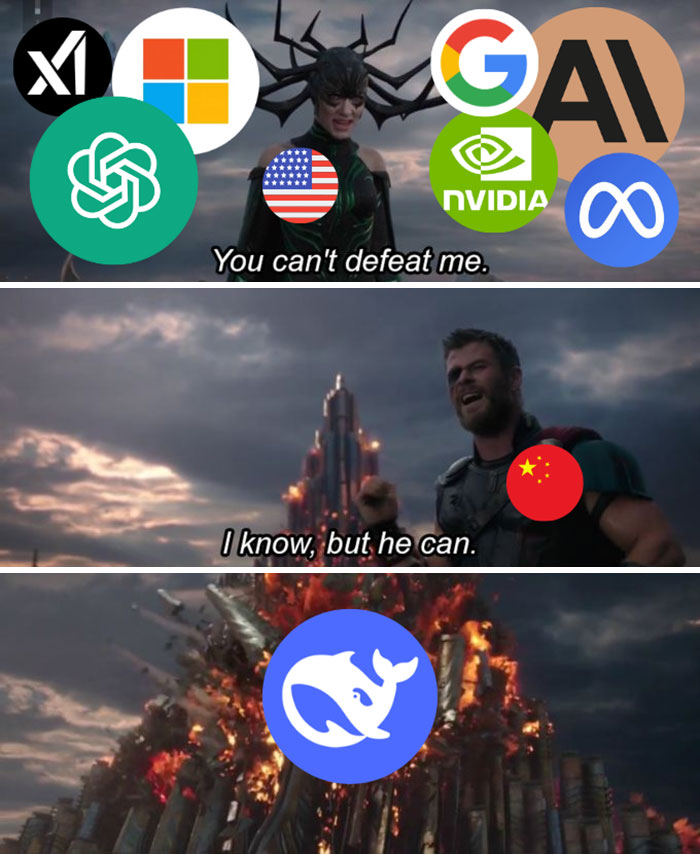 DeepSeek depicted overpowering AI chatbots in a chaotic meme scenario, featuring logos of tech giants.