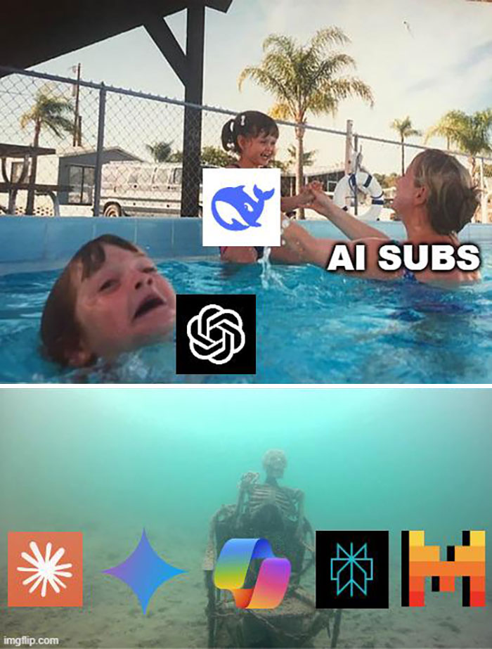 "DeepSeek AI subs meme with logos in a pool and underwater skeleton scene showing chaos in AI chatbots."