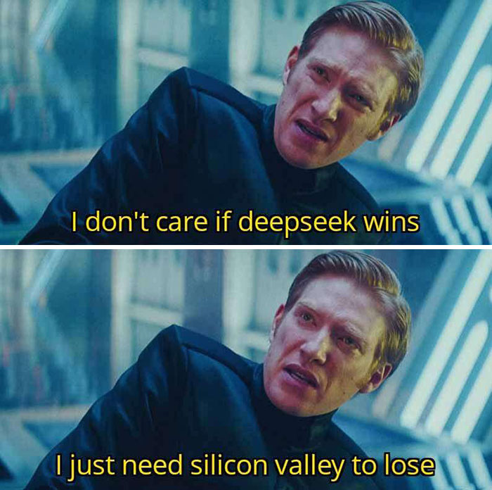 A man looks frustrated, with captions referencing DeepSeek and Silicon Valley in a sci-fi setting.