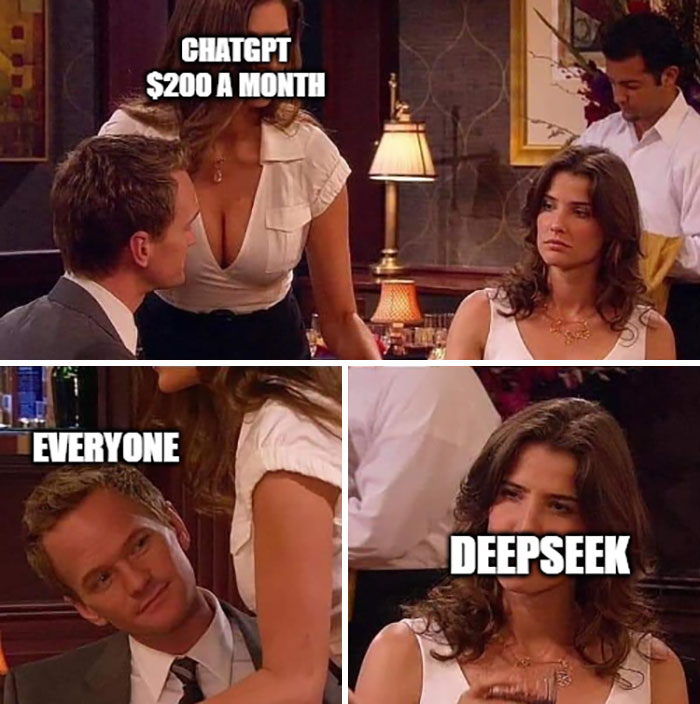 "DeepSeek humor meme with text comparing ChatGPT price and reactions, featuring three restaurant scenes."