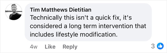 Comment about Ozempic usage as a long-term intervention with lifestyle changes by Tim Matthews Dietitian on Facebook. Comment about Ozempic usage as a long-term intervention with lifestyle changes by Tim Matthews Dietitian on Facebook.
