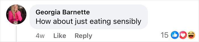 Comment about Ozempic on social media suggests sensible eating; 15 likes, 3 reactions. Comment about Ozempic on social media suggests sensible eating; 15 likes, 3 reactions.