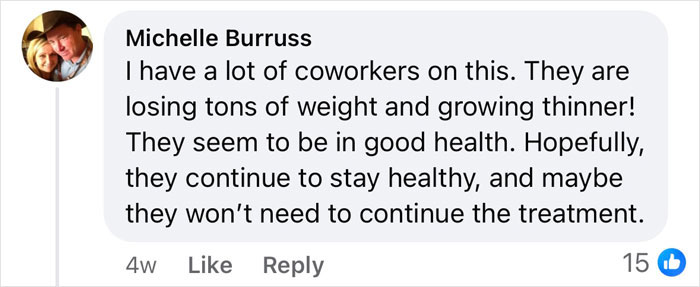 Comment discussing coworkers using Ozempic, noting weight loss and health improvements, in a social media exchange. Comment discussing coworkers using Ozempic, noting weight loss and health improvements, in a social media exchange.