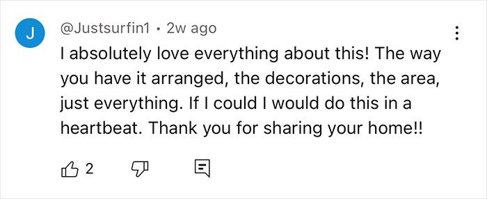 YouTube comment praising a couple's off-grid yurt lifestyle and home-sharing details. YouTube comment praising a couple's off-grid yurt lifestyle and home-sharing details.