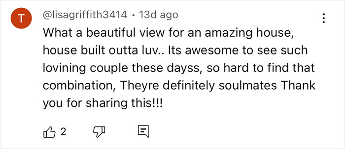 Comment praising a couple for living off-grid in a self-built yurt, highlighting their love and unique lifestyle. Comment praising a couple for living off-grid in a self-built yurt, highlighting their love and unique lifestyle.