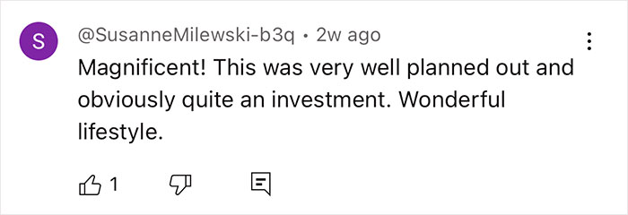 Comment praising couple's off-grid yurt lifestyle as a magnificent and well-planned investment. Comment praising couple's off-grid yurt lifestyle as a magnificent and well-planned investment.