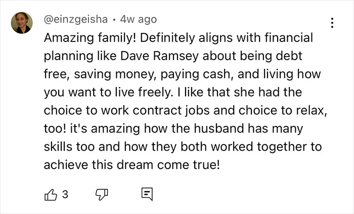 Comment praising a couple sharing their off-grid yurt lifestyle, focusing on financial freedom and teamwork. Comment praising a couple sharing their off-grid yurt lifestyle, focusing on financial freedom and teamwork.