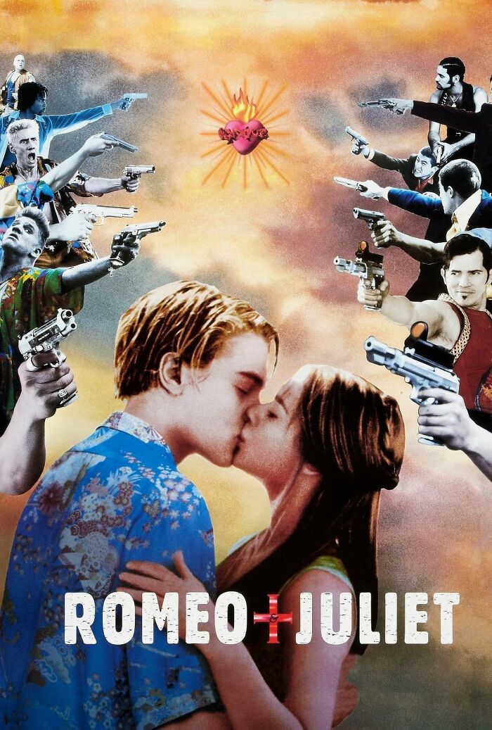 "Romeo + Juliet movie poster depicting a kiss surrounded by armed figures, showcasing a blend of nostalgia and drama."