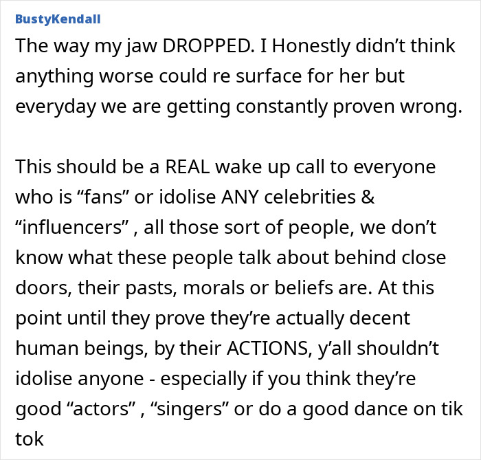 "Text discussing fans idolizing celebrities and the impact of resurfaced content.