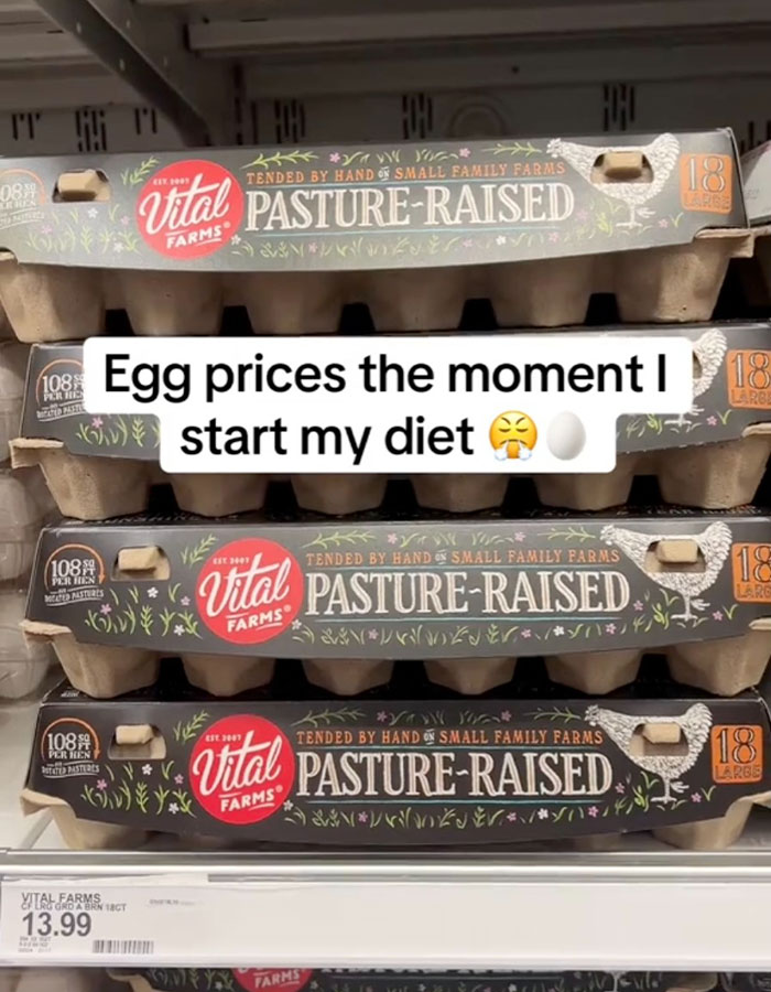 Egg cartons priced at $13.99 at a store, highlighting record-high egg prices in the US with humorous text overlay.