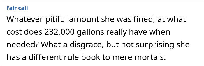 Comment criticizing celebrities for ignoring water limits amid LA wildfires, mentioning 232,000 gallons wasted. Comment criticizing celebrities for ignoring water limits amid LA wildfires, mentioning 232,000 gallons wasted.