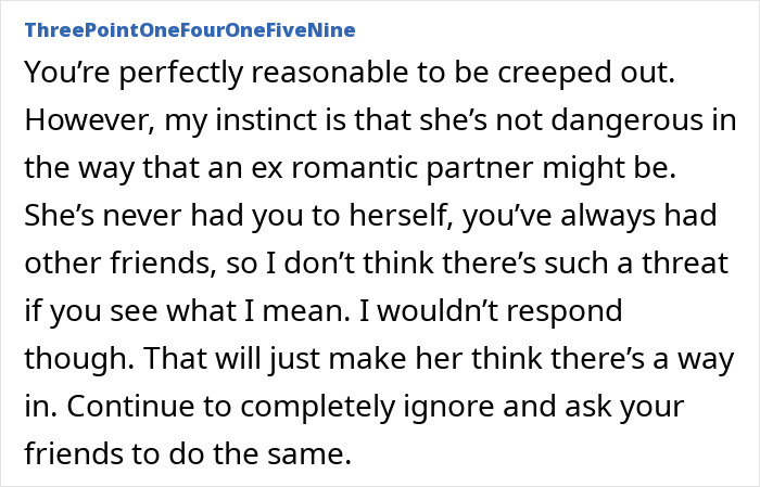 Text conversation discussing concerns about an ex-friend who keeps tracking acquaintances for updates.
