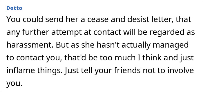 Text conversation about sending a cease and desist letter to a woman's ex-friend after seven years of unwanted contact.