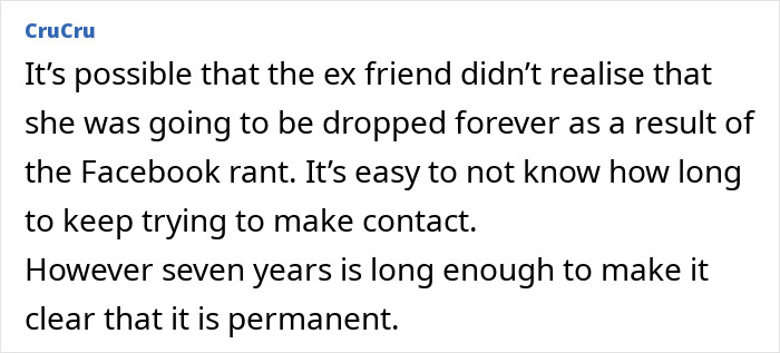 Text discussing a woman's ex-friend who keeps tracking acquaintances for updates after seven years.