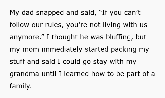 Text about being told "not living with them anymore" and moving to grandmother's.