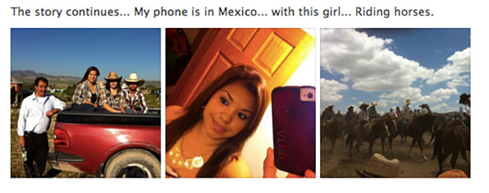 Group near a truck, woman taking a selfie, and people riding horses under a cloudy sky. Funny-Camera-Roll-Finds.