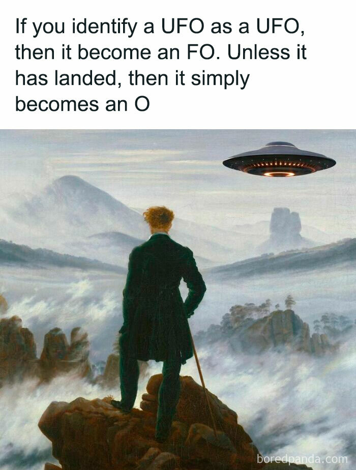 Man in classic artwork observing a UFO, with humorous text overlay; great works of art meme.