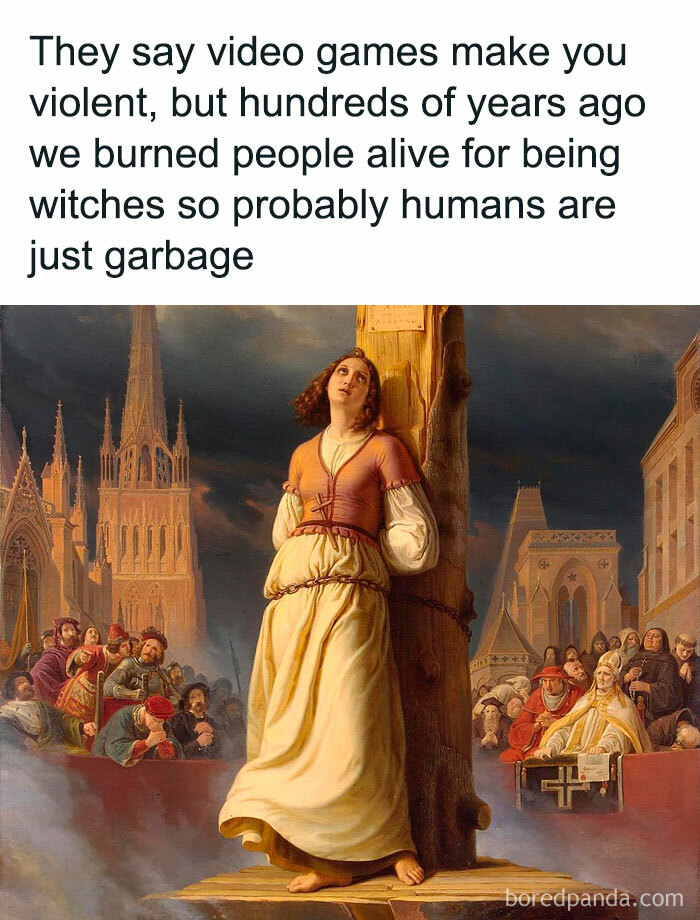 Great works of art used as a canvas for a humorous meme about violence and historical witch trials.