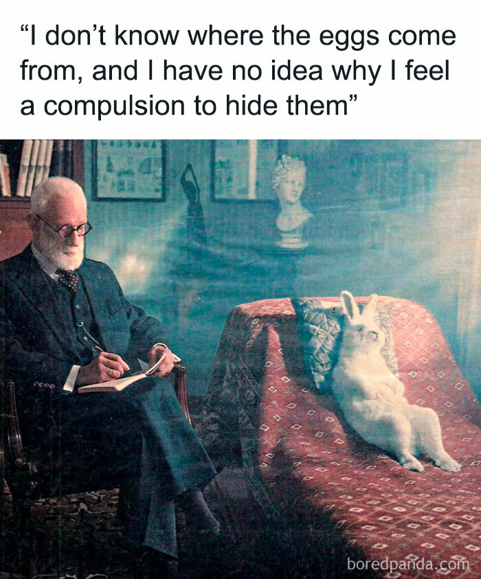Man writing while a rabbit sits on a couch, creating a funny meme about eggs, blending art with humor.