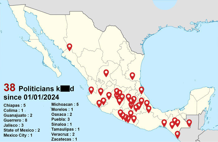 Map of Mexico showing places where 38 politicians were affected since 2024, marked with red location pins.