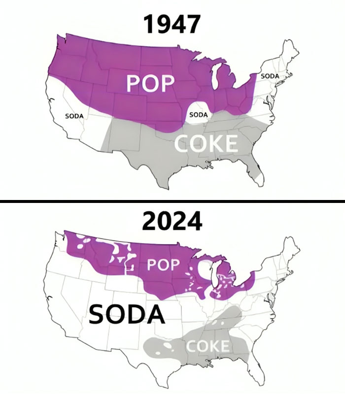 Map showing US regional terms for carbonated drinks in 1947 and 2024: "Pop," "Soda," "Coke."