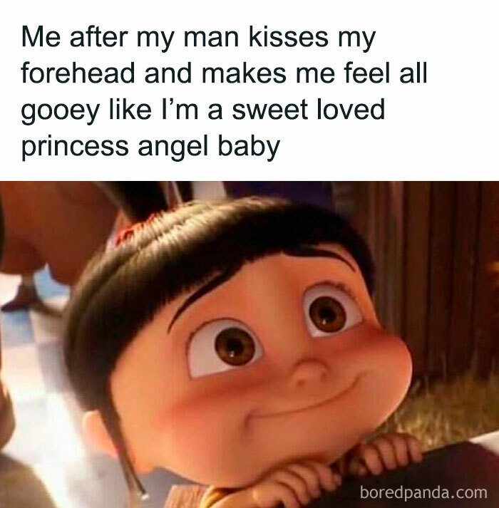 Cartoon girl with happy expression, illustrating a hilariously accurate meme about dating feelings.