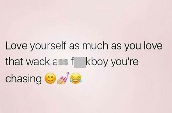 Text meme humorously highlighting dating challenges, featuring emojis, and offering self-love advice.