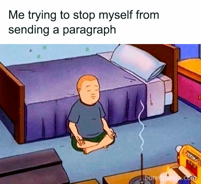 Cartoon character meditating to resist sending long messages, humorously capturing modern dating challenges.