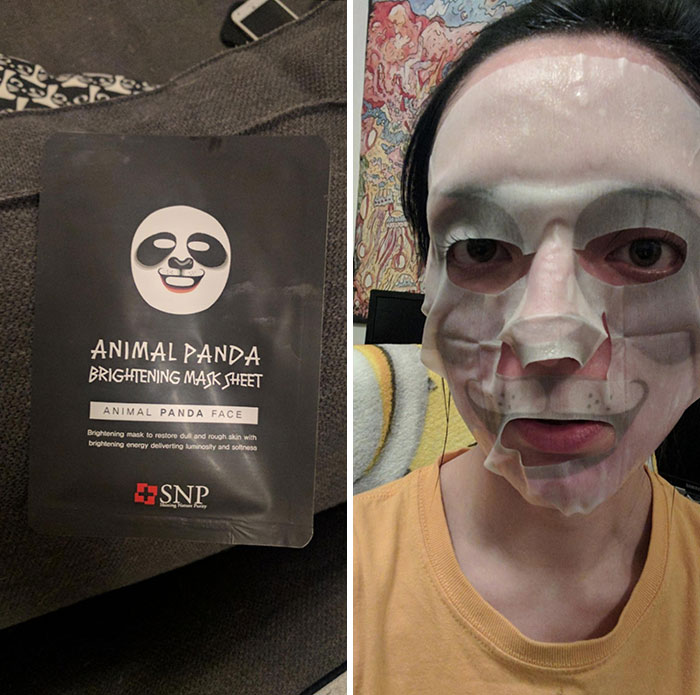 Panda face mask fails online shopping expectations with humorous design on packaging and user.