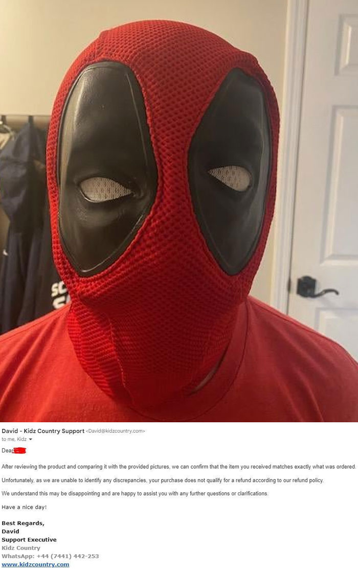 Person wearing a mismatched red mask, highlighting online shopping scams and fails.