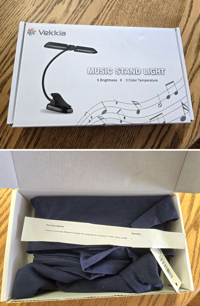 Online shopping scams showing a box labeled "music stand light" containing a T-shirt instead.