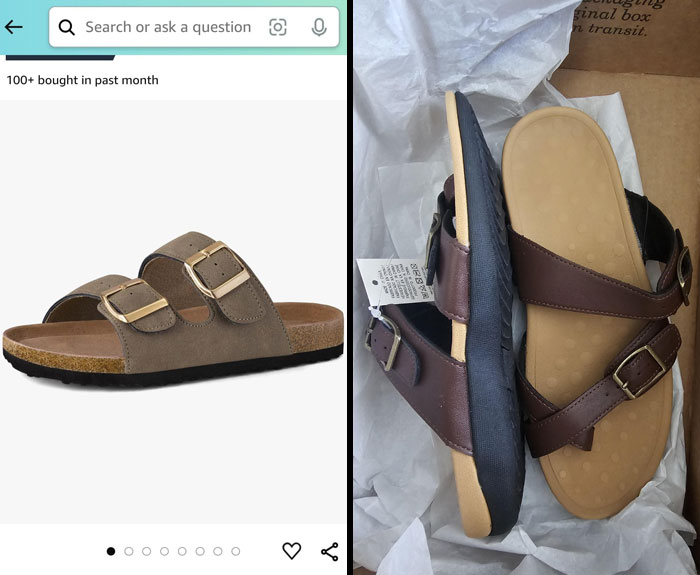 Odd online shopping fail: the expected sandals differ from the pair received in quality and style.
