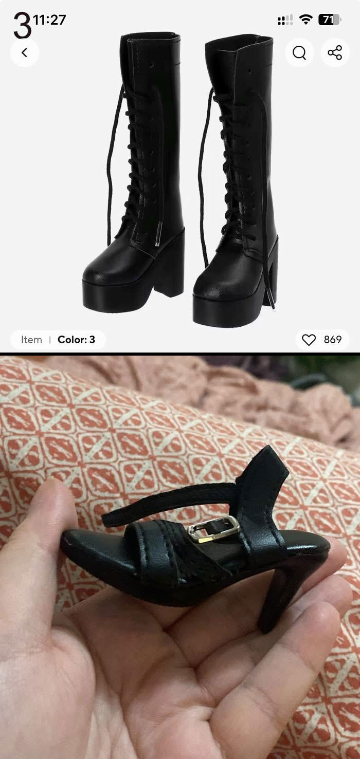Funny online shopping fail; large boots advertised, tiny sandal received.