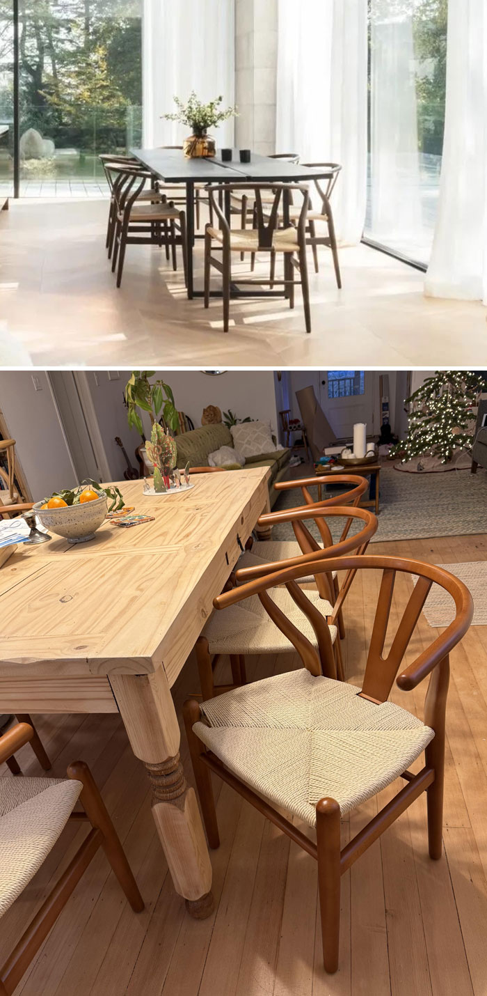 Online shopping fails; elegant dining set expected, rustic table with mismatched chairs received.