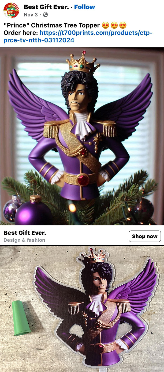 Funny online shopping fail with a purple-winged prince tree topper.